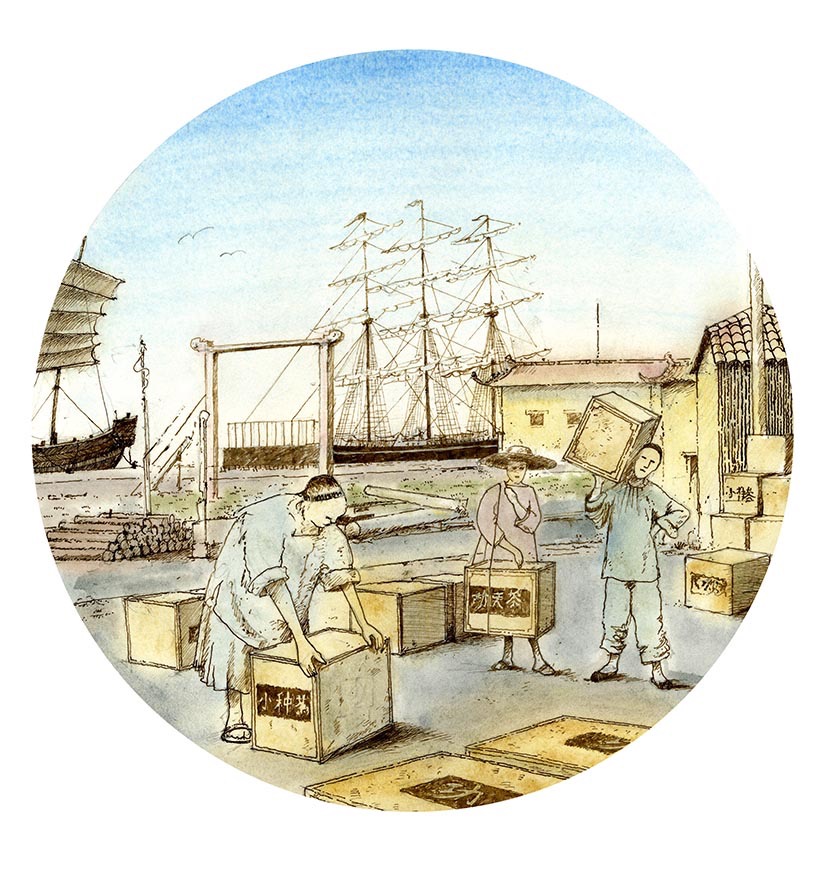 The Cutty Sark Exhibition . Port-hole illustration, Cutty Sark at Shanghai docks.